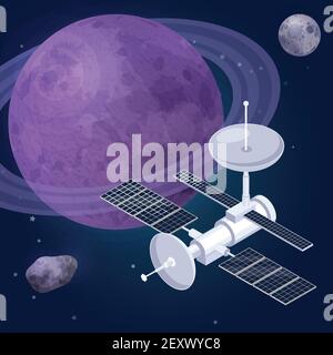 Esplorazione spaziale composizione isometrica con vista dei pianeti spaziali esterni illustrazione vettoriale delle stelle e dell'osservatorio satellitare artificiale Illustrazione Vettoriale