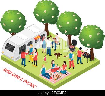 BBQ griglia pic-nic composizione isometrica con gli alberi di scenario all'aperto e. trailer vivente con amici cestino pranzo illustrazione vettore Illustrazione Vettoriale