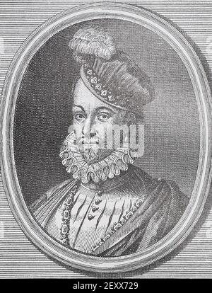 Re francese Carlo IX. Incisione medievale. Carlo IX (Carlo Maximilien, 27 giugno 1550 – 30 maggio 1574) è stato un re di Francia dal 1560 fino alla sua morte nel 1574 a causa della tubercolosi. Salì sul trono di Francia alla morte del fratello Francesco II nel 1560. Foto Stock