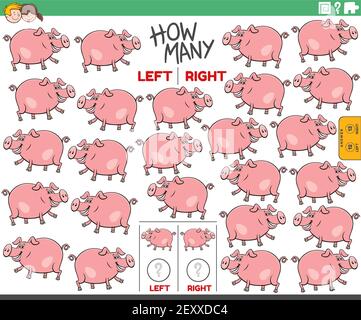 Illustrazione cartoon del compito educativo di contare a sinistra e a destra immagini orientate del carattere animale di fattoria di maiale Illustrazione Vettoriale
