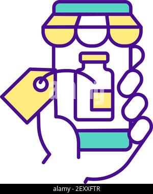Mano che tiene vaso di pillole RGB colore icona Illustrazione Vettoriale