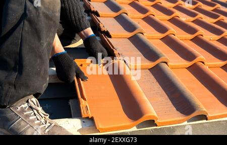 Closeup di mani di lavoro che installano tegole di ceramica gialla montate su tavole di legno che coprono il tetto dell'edificio residenziale in costruzione. Foto Stock