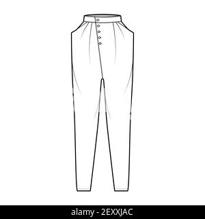 Pantaloni baggy affusolati affusolati illustrazione tecnica della moda con vita normale, altezza elevata, tasche a barra, fronte drapping, lunghezze complete. Modello di abbigliamento a fondo piatto, colore bianco. Donne, unisex CAD mockup Illustrazione Vettoriale