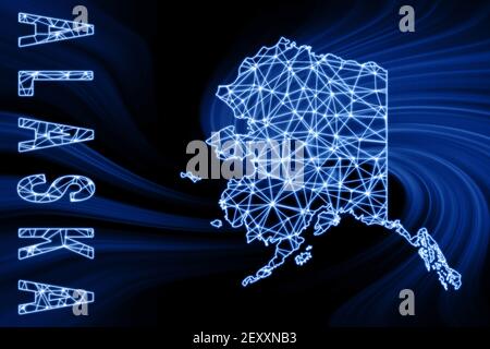 Mappa dell'Alaska, mappa delle linee di mesh poligonale, mappa blu su sfondo scuro Foto Stock