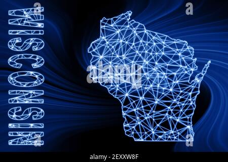 Mappa del Wisconsin, mappa delle linee di mesh poligonali, mappa blu su sfondo scuro Foto Stock