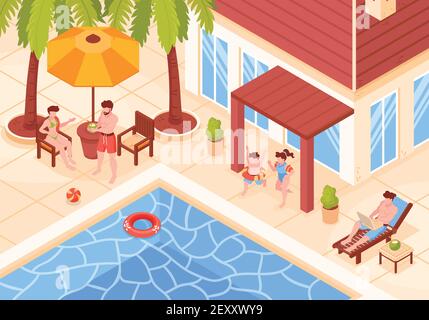 Isometric Beach house tropic vacanze composizione con vista di moderno villa edifici con persone e piscina vettoriale illustrazione Illustrazione Vettoriale
