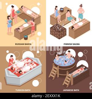 Bagni giapponesi russi e turchi e sauna finlandese isometrica concetto di progettazione illustrazione vettoriale isolata Illustrazione Vettoriale