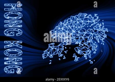 Mappa di Hong Kong, mappa delle linee della mesh poligonale, mappa blu su sfondo scuro Foto Stock