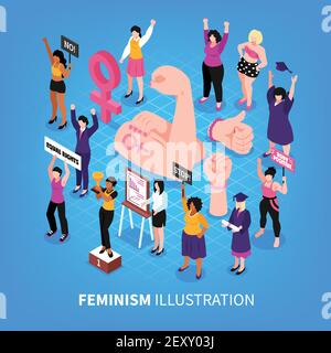 Composizione feministica isometrica con immagini simboliche di pugni e umani personaggi di attivisti femminili con donne illustrazione vettoriale Illustrazione Vettoriale