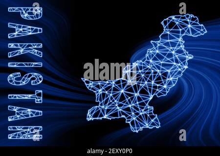 Mappa del Pakistan, mappa poligonale delle linee mesh, mappa blu su sfondo scuro Foto Stock