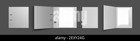 Piegatrice con lime in tasche in plastica perforate e mockup della vista dall'alto del raccoglitore ad anelli. Portafoglio chiuso e aperto con fogli vuoti per documenti isolati su sfondo grigio. Simulazione realistica del vettore 3d Illustrazione Vettoriale