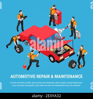 Concetto isometrico per riparazioni automobilistiche con vettore di simboli di manutenzione e attrezzatura illustrazione Illustrazione Vettoriale