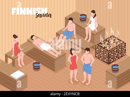 Sauna finlandese con uomini e donne su panchine di legno e. riscaldatore con calcoli, illustrazione vettoriale isometrica Illustrazione Vettoriale