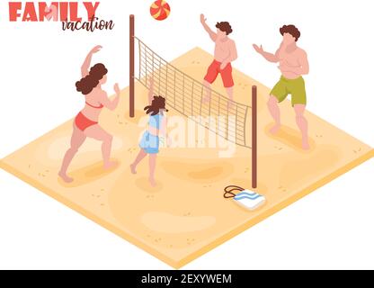 Isometric spiaggia casa tropic vacanza sfondo con caratteri umani di i membri della famiglia che giocano a pallavolo con illustrazione vettoriale del testo Illustrazione Vettoriale