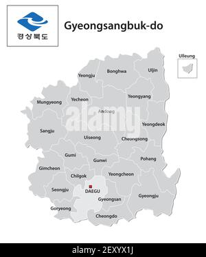 Mappa amministrativa vettoriale della provincia sudcoreana di Gyeongsangbuk-do con flag Illustrazione Vettoriale