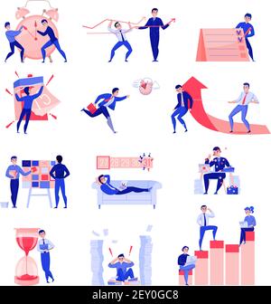 Simboli di gestione del tempo insieme di icone piatte con scadenza pianificazione illustrazione vettoriale della sveglia con clessidra di coordinamento del lavoro di squadra Illustrazione Vettoriale