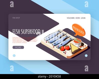 Pesce superfood landing page per negozio online pubblicità con fresco prelibatezze icone isometriche illustrazione vettoriale Illustrazione Vettoriale