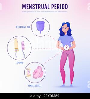 Prodotti per l'igiene mestruale femminile poster informativo piatto con sanitari guarnizioni dei tamponi, tamponi, scelta dei bicchieri, illustrazione vettoriale Illustrazione Vettoriale