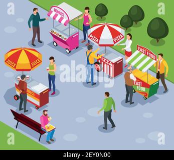 Street distributori di cart composizione isometrica con la gente che acquista fast food nell'illustrazione vettoriale del parco cittadino Illustrazione Vettoriale