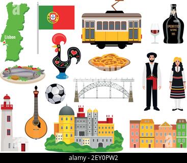 Portogallo icone del turismo insieme con cucina e mappa simboli piatto illustrazione vettoriale isolata Illustrazione Vettoriale