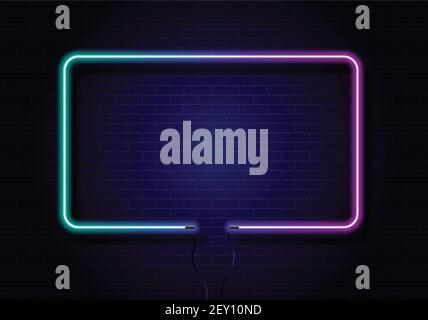 Immagine vettoriale di colore blu e rosa su parete di mattoni neri scuri. Bordo o cornice al neon. Segnale luci. Sfondo neon vettoriale per il cartello Illustrazione Vettoriale