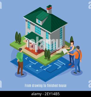 Fasi di costruzione della casa sfondo dal disegno alla casa finita isometrica illustrazione vettoriale Illustrazione Vettoriale