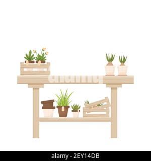 Tavolo in legno con piante in vaso, fiori, fioreria, decorazione orangeria in stile cartoon isolato su sfondo bianco. Giardinaggio, semina, composizione pubblicitaria. Mobili per interni. Illustrazione vettoriale Illustrazione Vettoriale