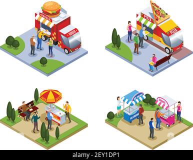 Quattro composizioni isometriche all'aperto con persone vicino a camion di cibo di strada consegna hamburger pizza gelato isolato illustrazione vettoriale Illustrazione Vettoriale