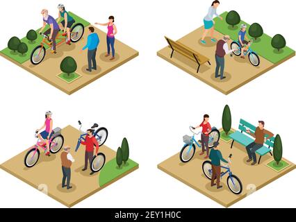 Estate vacanza 2x2 design concept set di composizioni isometriche con persone in bicicletta in città parco illustrazione vettoriale Illustrazione Vettoriale