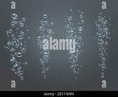 Serie realistica di ruscelli frizzanti sott'acqua costituiti da aria ascendente bolle isolate su un'illustrazione vettoriale trasparente di sfondo Illustrazione Vettoriale