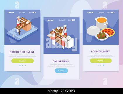 Online food delivery banner verticali isometrici con cucina chef illustrazione vettoriale isolata 3d dei piatti italiani Illustrazione Vettoriale