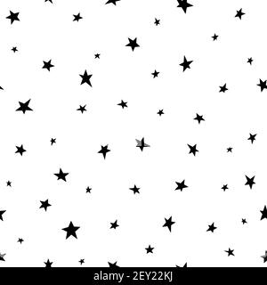 Motivo astratto senza cuciture con stelle shabby disegnate a mano nera di diverse dimensioni su sfondo bianco. Immagine vettoriale in bianco e nero. Illustrazione Vettoriale