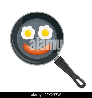 Uova alla griglia e salsiccia in padella. Illustrazione Vettoriale