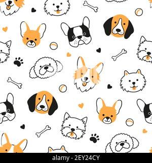 Modello senza giunture con teste di cani di razze diverse. Corgi, Beagle, Chihuahua, Terrier, Pomeranian Illustrazione Vettoriale