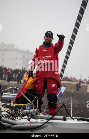 Boris Herrmann (ger), 4°, navigando sull'Imoca SeaExplorer - Yacht Club de Monaco durante l'arrivo del 2020-2021 Vendée Globe dopo 80 giorni, 14 ore, 59 minuti e 45 secondi, 9° edizione della gara mondiaria senza sosta, il 27 gennaio 2021 a Les Sables-d'Olonne, Francia - Foto Martin Keruzoré / DPPI Foto Stock