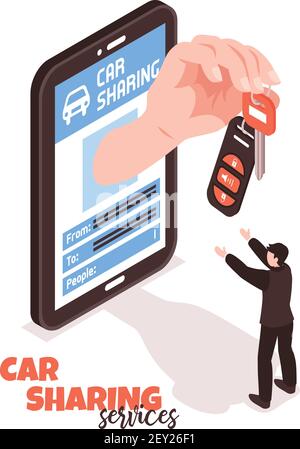 Concetto isometrico del servizio di car sharing con l'uomo che prende le chiavi 3d illustrazione vettoriale Illustrazione Vettoriale