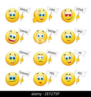 Set di emoticon e emoticon gialle. Illustrazione vettoriale in primo piano con stile realistico Illustrazione Vettoriale