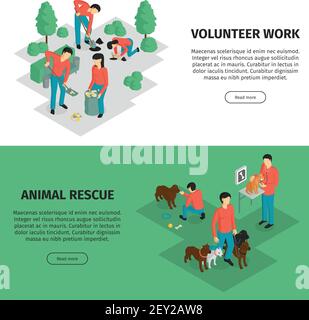 Set di due banner orizzontali isometrici per beneficenza con testo modificabile leggi l'illustrazione vettoriale dei caratteri umani e dei pulsanti Illustrazione Vettoriale