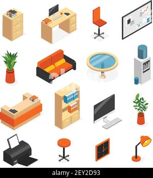 Set di icone isometriche isolate per mobili da ufficio con lampada da tavolo computer illustrazione vettoriale del guardaroba della sedia da tavolo Illustrazione Vettoriale