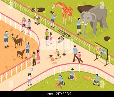 Composizione zoo isometrica con personaggi umani di bambini e adulti con animali selvatici dietro la recinzione del parco illustrazione vettoriale Illustrazione Vettoriale