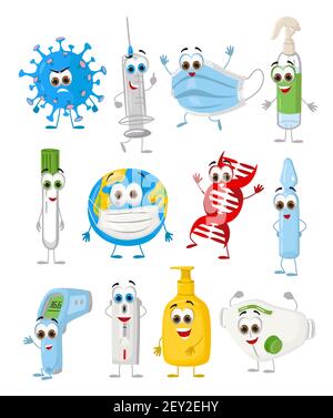 Gli oggetti divertenti impostano la relazione con il coronavirus RNA Covid-19, moderno vettore piatto illustrazione Illustrazione Vettoriale