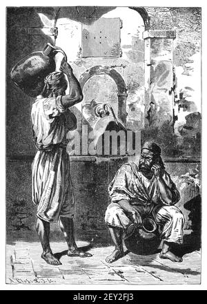 Portatori d'acqua con brocche, Egitto. Cultura e storia del Nord Africa. Immagine in bianco e nero d'epoca. 19 ° secolo. Foto Stock