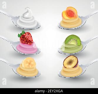 Mini dessert serviti su cucchiaio appetitoso set realistico con fragola illustrazione vettoriale della crema al sapore di albicocca di banana kiwi Illustrazione Vettoriale