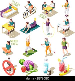 Stile di vita sano icone isometriche buon sonno e nutrizione regolare controllare l'illustrazione vettoriale isolata dell'attività sportiva Illustrazione Vettoriale