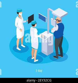 Studio dentista radiologico tac scansione composizione isometrica con medico immagine vettoriale blu di sfondo dell'assistente tecnico Illustrazione Vettoriale
