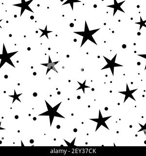 Motivo carino senza cuciture con piccole stelle, punti e cerchi arrotondati sullo sfondo bianco. Illustrazione vettoriale. Fuochi d'artificio magici. Bright Stardust dietro Illustrazione Vettoriale