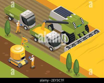 Composizione isometrica dei robot agricoli con mietitrebbiatrice automatizzata controllata a distanza apparato trebbiante che lavora nel campo del grano illustrazione vettoriale Illustrazione Vettoriale