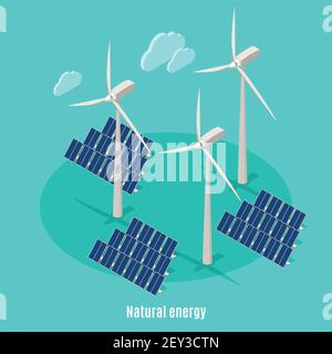 Smart ecologia urbana sfondo isometrico con testo e immagini di mulini a vento torri turbine e batterie solari illustrazione vettoriale Illustrazione Vettoriale