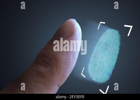 Scansione delle impronte digitali dal dito. Tecnologia, sicurezza e concetto biometrico. Foto Stock