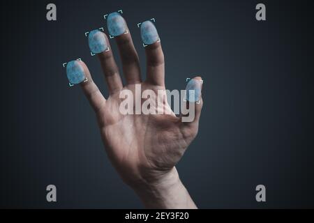 Scansione delle impronte digitali a mano. Sicurezza e concetto biometrico. Foto Stock